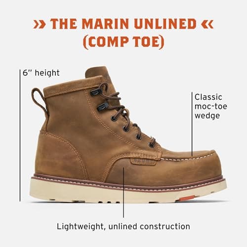 BRUNT Marin Unlined (Comp Toe) - Brown - 6" Lightweight Safety Toe Wedge Work Boot - EH Rated - Slip + Oil Resistant - Adjustable Width System