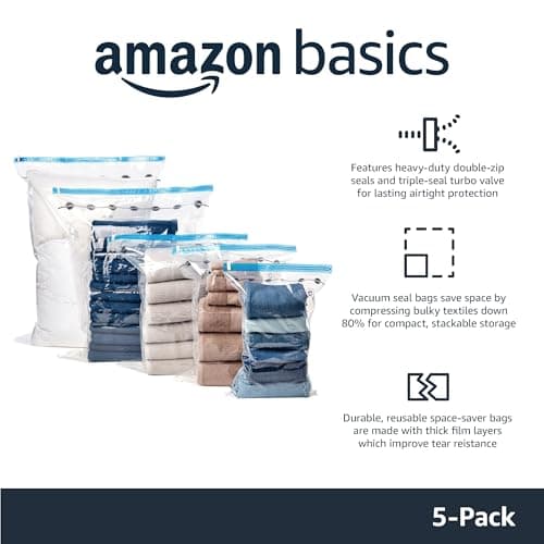 Amazon Basics Vacuum Compression Space Saving Storage Bags with Hand Pump, Large, Pack of 5, Clear