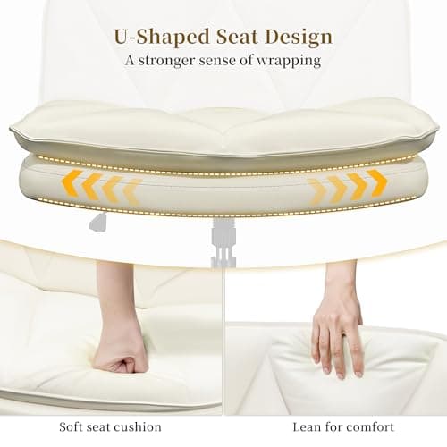 DurayLoly Criss Cross Chair with Wheels, Cross Legged Office Chair, Armless Wide Vanity Desk Chair with 2 Layer Scratch-Resistant Pu Leather Swivel for Home Office Bedroom,Beige