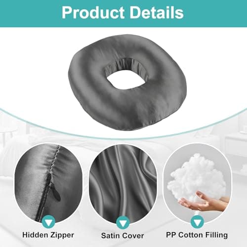 Piercing Pillow for Side Sleepers with an Ear Hole, Donut Pillow for Ear Pain CNH | Pain Relief Sleeping | Pressure Sore | Satin Washable and Adjustable Ear Protector (Dark Gray)