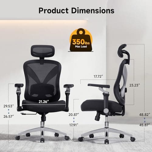 amseatec Office Chair Ergonomic Desk Chair,350 LBS Home Mesh Office Desk Chairs with 3D Adjustable Lumbar Support,5D Flip-up Arms,2D Adjustable Headrest,Comfortable Computer Gaming Chairs(Black)