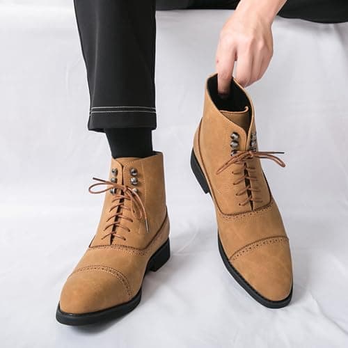OXNGEOS Men's Suede Classic Brogue Cap Toe Chunky Heel Oxford Boots Comfort Non-Slip Lace Up Low Heel Chelsea Boots Casual Business Dress Chukka Boots