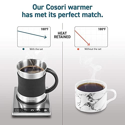 COSORI Coffee Mug Warmer & Mug Set for Desk, Cup Heater, Office & Christmas Gifts, 1°F Precise Temperature Control, Touch Tech & LCD Digital Display (77-194℉), 304 Stainless Steel, Silver/Black