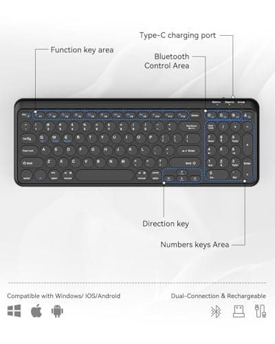 TECKNET Wireless Keyboard Bluetooth & 2.4G USB, Up to 4-Device Connection, USB C Rechargeable Battery, Quiet Typing, Compact Layout, 7° Ergonomic Tilt, Compatible with Windows/Android/iOS, Black