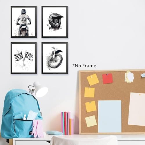 Motocross Wall Art MotoBike Art Prints Boy Room Decor Black&White Motorcycle Dirt Bike Motorcycle Helmet Canvas Pictures Artwork for Nursery Decor Kids Room Wall Decor,Set of 4(8”X10”inch,Unframed).