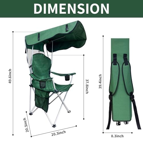 Portable Camping Chair with Canopy Shade - Folding Lounge Chair with Cup Holder & Side Pocket for Outdoor Camping, Fishing, Beach - Support 330 LBS - Green