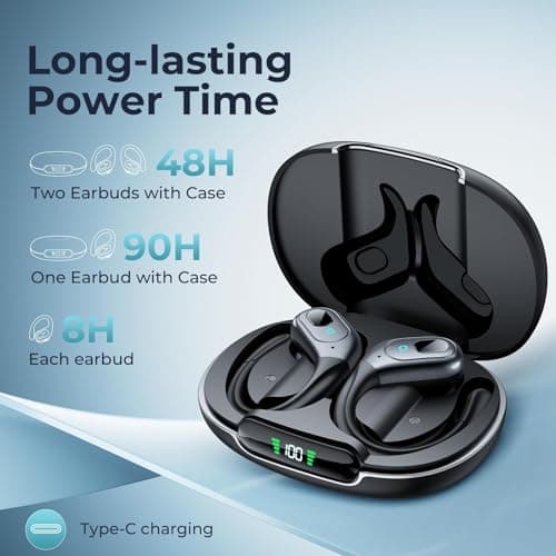 occiam Active Noise Cancelling Earbuds Wireless Bluetooth Headphones Ear Buds 90Hrs Playback Stereo Bass Earphones with Mic Over-Ear Hooks IPX7 Waterproof Headset for Work Sports Running Gym Black