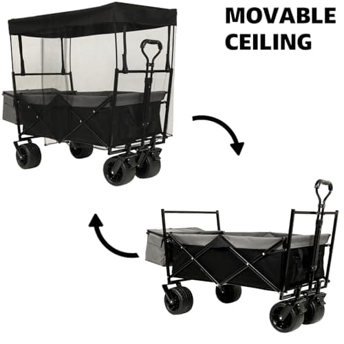 480Lbs Collapsible Wagon with Canopy Steel Black Large Capacity for Camping, Shopping, Sports, Garden Use Mosquito Net Outdoor-Ready
