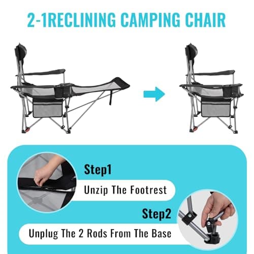 #WEJOY 2-in-1 Reclining Camping Chair with Footrest for Adults Folding Lounge Chair with Adjustable Backrest Lightweight Camping Chairs Heavy Duty Camp Chairs for Outdoor