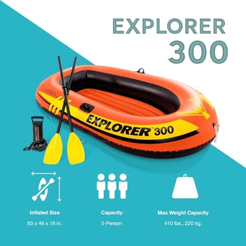 INTEX Explorer Compact Inflatable Boat Series: Dual Air Chambers – Welded Oar Locks – Grab Handles – Bow Rope – Sporty Design