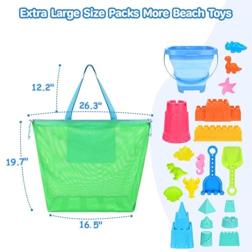 Extra Large Mesh Beach Toy Bag With Drawstring - Lightweight Tote for Sand Toys, Children's Storage Bag for Travel Essentials, Neon Green