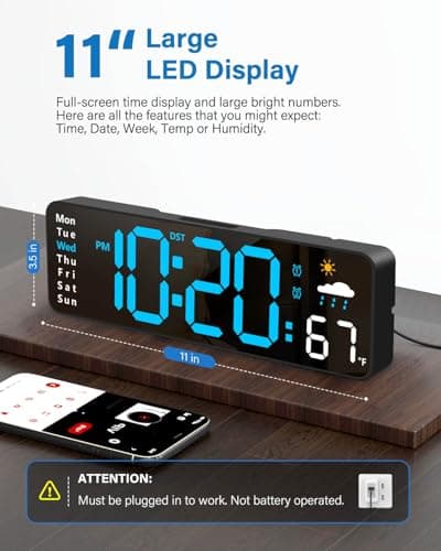 Digital Wall Clock, Digital Clock Large Display with Remote Control, Corded LED Alarm Clocks with Date, Week, Temp, Humidity, Auto DST, Countdown, for Living Room Bedroom Classroom Office (Blue)