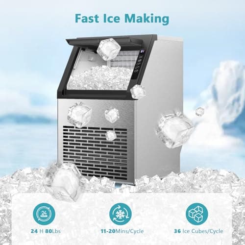 Commercial Ice Maker Machine, 80Lbs/24H Under Counter Ice Maker, Freestanding with Ice Thickness Control & Stainless Steel, 36 Cubes in 15 Mins, 28Lbs Storage Capacity, for Home, Bar, Cafe, Offices