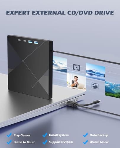 Wbacon 7 in 1 External CD/DVD Drive for Laptop, Portable DVD Player for Laptop with SD/TF Port, External DVD Drive with USB 3.0/Type C, CD Drive USB for PC Windows Linux