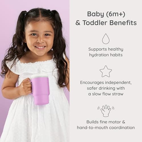 BPA-free silicone straw helps reduce spills while little ones build confidence with independent sipping Infantino My 1st Tumbler Straw Cup with Handle, 9oz, Lilac B0DF3L6CQ1
