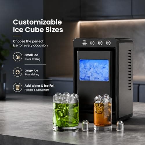 Kismile Portable Countertop Ice Maker Machine, 26lbs Ice in 24Hrs, Self-Cleaning Ice Maker with Selectable Ice Size & Internal Light, Compact Design for Home/Kitchen/Bar