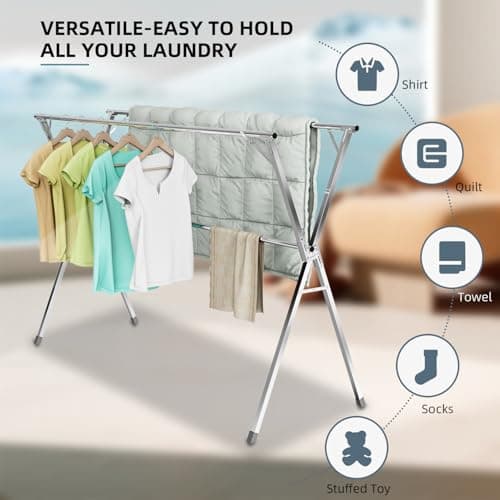 Unkqan Clothes Drying Rack,Heavy Duty Stainless Steel Garment Rack,Adjustable and Foldable Laundry Drying Rack for Indoor Outdoor Drying Rack Clothing with 20 Windproof Hooks (Silver, 79")