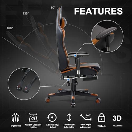 GTPLAYER Gaming Chair with Footrest, Ergonomic Computer Game Desk Chair, Recline Gaming Chair Seat Height Adjustment, Swivel Rocker with Headrest and Lumbar (Brown)