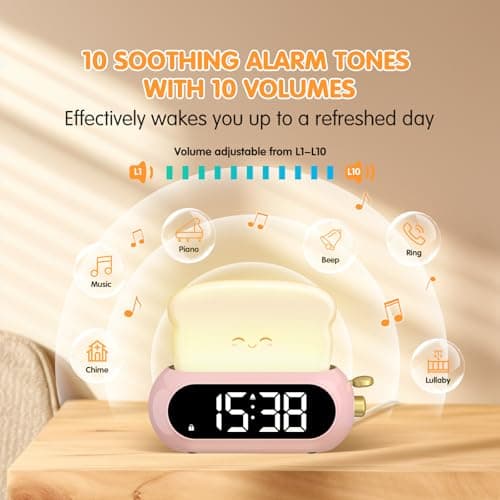 Cute Digital Clock for Bedrooms, Kids Alarm Clocks with Night Light Lamp, 10 Alarm Tones, Adjustable Brightness, Nap Timer, Snooze, Power-off Memory, Bedside Clocks for Girls Kids Teens Birthday Gifts