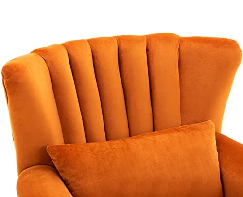 Kmax Orange Accent Chair Velvet Wingback Chair with Pillow Nail-Head Channel Tufted Oversized Club Chair for Living Room Bedroom Guest Room