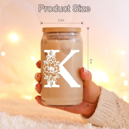 Coolife Initial Glass Cup, Monogrammed Gifts for Women, 16 oz Glass Cups w/Lids Straws, Iced Coffee Smoothie Beer Tumbler w/Straw Lid - Personalized Christmas, Birthday Gifts for Her Mom Friend Woman