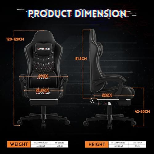 Gaming Chair,Ergonomic Computer Gaming Chair,400lb Load-Bearing,Retractable Footrest/Waist Support/Ergonomic Backrest[Spring + 4D Sponge] (Black)