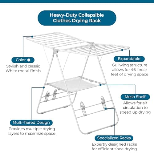 Honey-Can-Do Heavy-Duty Foldable Laundry Drying Rack – Portable Shoes & Clothes Rack for Indoor & Outdoor Use, Space-Saving Design, Easy to Fold Gullwing Design, Sturdy Metal, 50lb. Capacity, White
