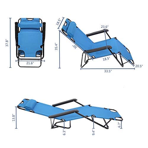 Indoor/Outdoor Stable Beach Chair, Lounge for Beach Patio Pool Lawn Yard Sunbathing Sun Tanning Adjustable Portable Chair, 330lbs Capacity, Blue