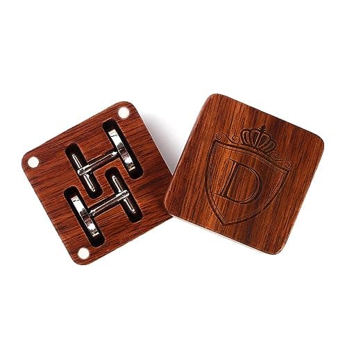 Mens Initial Silver Cufflinks A-Z Alphabet Letter Steel Cuff Links with Engraved Walnut Wood Box Groom Groomsman Wedding Set…