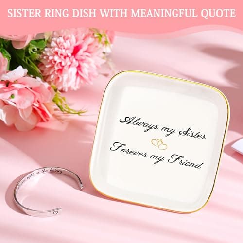 Sister Gifts from Sisters Birthday Gifts for Sisters Adult Best Sister Ever Gift Ideas for Women Cool Presents Set with Funny Glass Cup, Unique Makeup Bag, Scented Candle, Bracelet, Jewelry Tray
