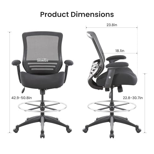 BOLISS 400lbs Mid Back Mesh Ergonomic Drafting Chair for Standing Desk Office Wide Chair Built-in Lumbar Support Big Adjustable Foot Ring Height Adjustable Armrest (Black)