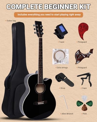 41" Acoustic Guitar for Beginners Adult Full Size Cutaway Guitarra Acustica Bundle with Gig Bag, Tuner, Strap, Strings, Picks,Capo, Black