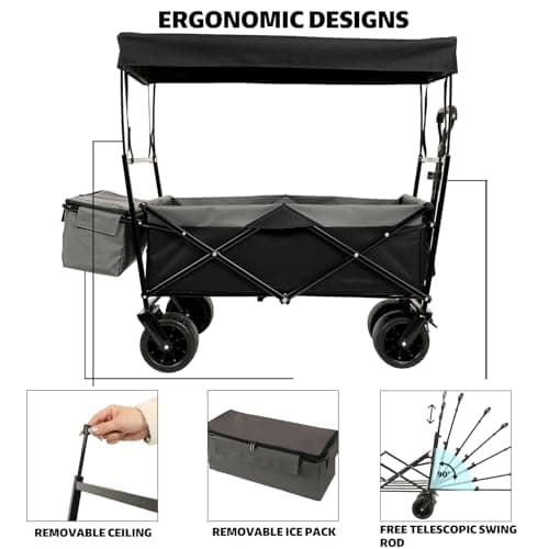 480Lbs Collapsible Wagon with Canopy Steel Black Large Capacity for Camping, Shopping, Sports, Garden Use Mosquito Net Outdoor-Ready