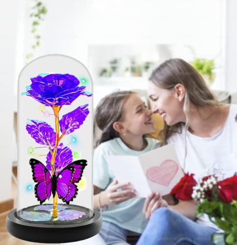 Christmas Rose Gifts for Women, Womens Gifts for Christmas Mom Sister Grandma Wife Her,Galaxy Crystal Light Up Rose Flower in A Glass Dome,Birthday Gifts for Women Butterfly Valentines Presents Purple