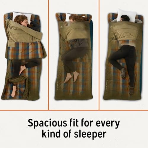 Kelty Wayback Flannel Lined Sleeping Bag, Built in Blanket, Traditional Rectangle Shape, Organic Flannel Cotton Liner, Dual Locking Slide Zips