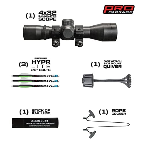 Killer Instinct Boss 405 Crossbow Pro Package with 4x32 IR-W Scope, Rope Cocker, String Suppressors, 3-Bolt Quiver, 3 Hypr Lite Bolts and Field Tips, Stick of Rail Lube