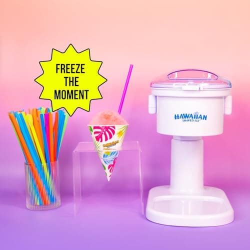 Hawaiian Shaved Ice S700 Kid-Friendly Snow Cone Machine Kit with 3-16oz. Syrup Flavors: Cherry, Grape, and Blue Raspberry, Plus 25 Snow Cone Cups, 25 Spoon Straws, and 3 Black Bottle Pourers