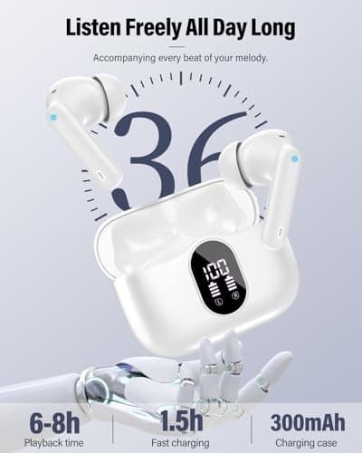 Wireless Earbuds, Bluetooth 5.4 Headphones Bass Stereo, Ear Buds with Noise Cancelling Mic, LED Display in Ear Earphones Clear Calls, IP7 Waterproof Bluetooth Earbuds for Laptop/Phones/Sports, White