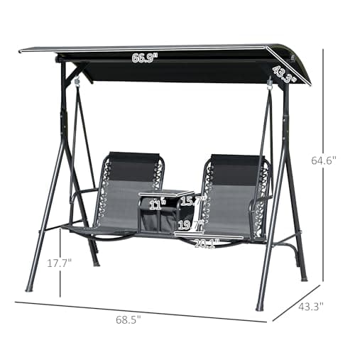 Outsunny 2-Seater Patio Swing Chair, Outdoor Canopy Swing Glider with Pivot Storage Table, Cup Holder, Adjustable Shade, Bungie Seat Suspension and Weather Resistant Steel Frame, Black