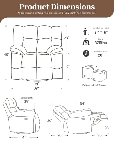 Oversized Power Swivel Rocker Recliner Chair for Big and Tall, Electric Chenille Glider with USB Ports, Extra Wide Overstuffed Reclining Sofa for Living Room Nursery, 375lbs (Brown, Power)