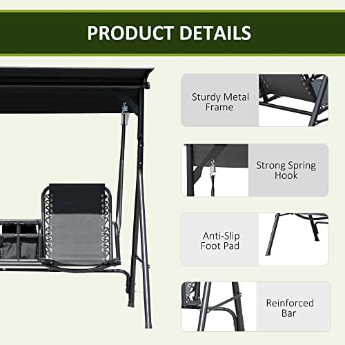 Outsunny 2-Seater Patio Swing Chair, Outdoor Canopy Swing Glider with Pivot Storage Table, Cup Holder, Adjustable Shade, Bungie Seat Suspension and Weather Resistant Steel Frame, Black