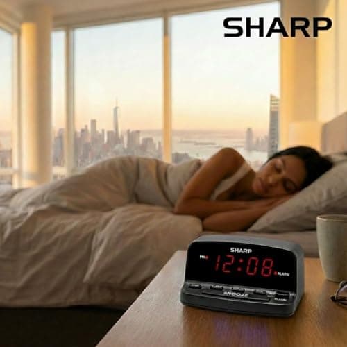 Sharp Digital Alarm Clock with Keyboard Style Controls, Battery Back-up, Easy to Use with Simple Operation, Black Case with Red LED Display