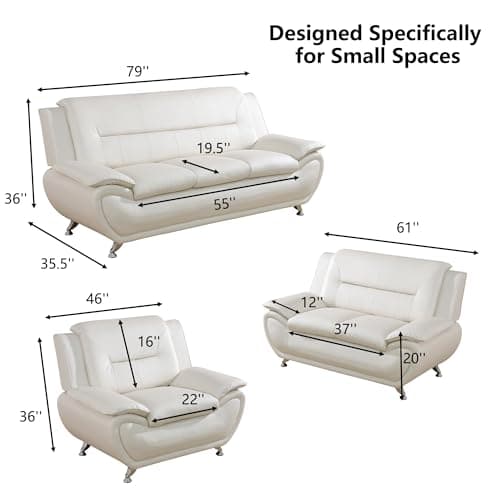 Leather Sofa Set for Living Room 3 Piece Living Room Furniture Set Modern Couch Set with 3-Seater Sofa, Loveseat and Armchair (Cream White)