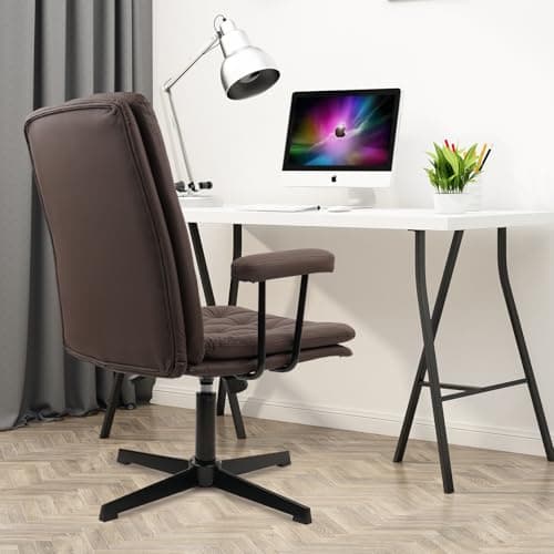 CLATINA Office Chair No Wheels, Leather Criss Cross Desk Chairs with Arms, Modern Cross Legged Computer Chair, Mid Back Height Adjustable Swivel Task Vanity Chair for Home Office, Chocolate Brown
