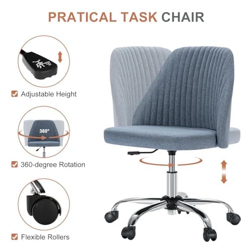 DUMOS Office Chair, Comfy Desk Chair Rolling Vanity Swivel Task Chairs with Wheels, Wide Seating Armless Height Adjustable Computer Chairs for Home,Bedroom,Student,Adults, Blue