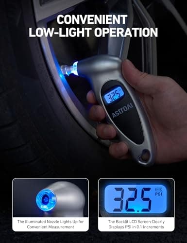 AstroAI Digital Tire Pressure Gauge 0-150PSI Calibrated to ANSI B40.7 +/-1PSI, Accurate in 0.1 Increments, 4 Units for Car Truck Bicycle with Backlight LCD, Silver