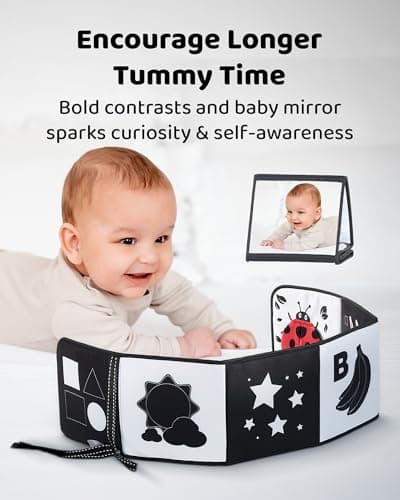 Newborn visual stimulation 0-6 months, Montessori sensory play, soft crinkle pages, folds flat, ties to crib and stroller Infinno High Contrast Baby Book, Black and White, Tummy Time Mirror Toy B0DHH7LGZT