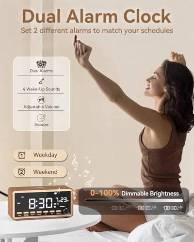 Digital Alarm Clocks Radio for Bedrooms,FM Radio & White Noise Sound Machine with Timer,Bluetooth Speaker,Dual Alarm Clock with Wireless Charging,Dimmable Big LED Display,Holiday Gifts for Men Women