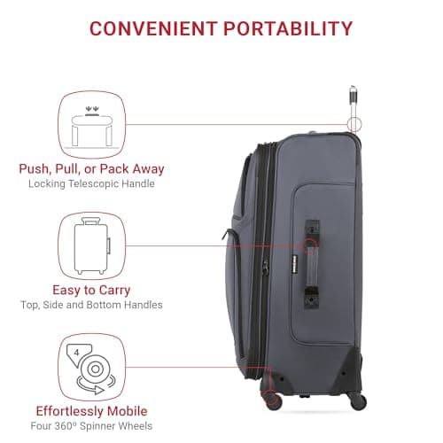 SwissGear Sion Softside Expandable Luggage – Large Checked Suitcase with 360 Degree Wheels & Retractable Handle – 29 Inch, Perfect for 7-9 Night Trips – Dark Gray
