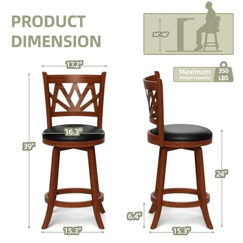 Swivel Barstools Set of 4, Farmhouse 24" Counter Height Bar Stools with Backs, Lotus Pattern Carved Bar Chair with Solid Wood Legs & Footrest for Kitchen Island, Home Bar, Pub. Brown